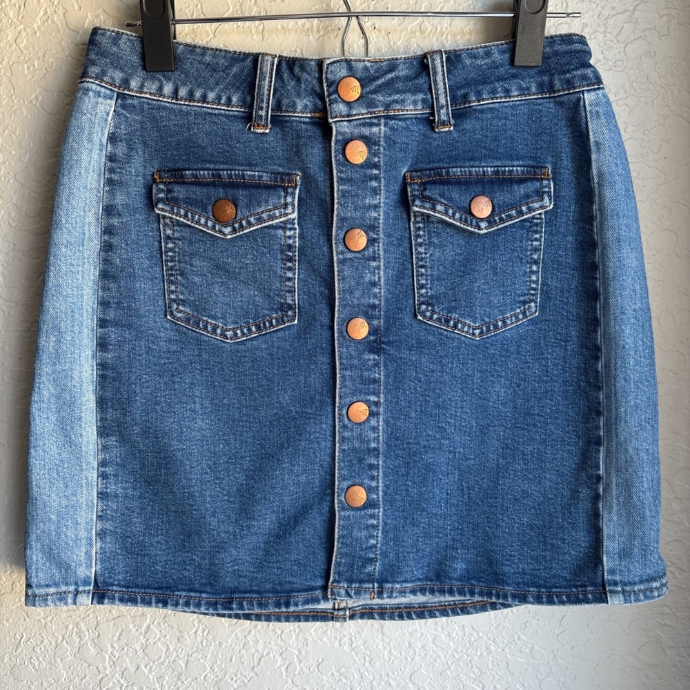 Madewell Womens 28 Mini Denim Skirt Two-Tone Panel Blue Button‎ Front Cotton